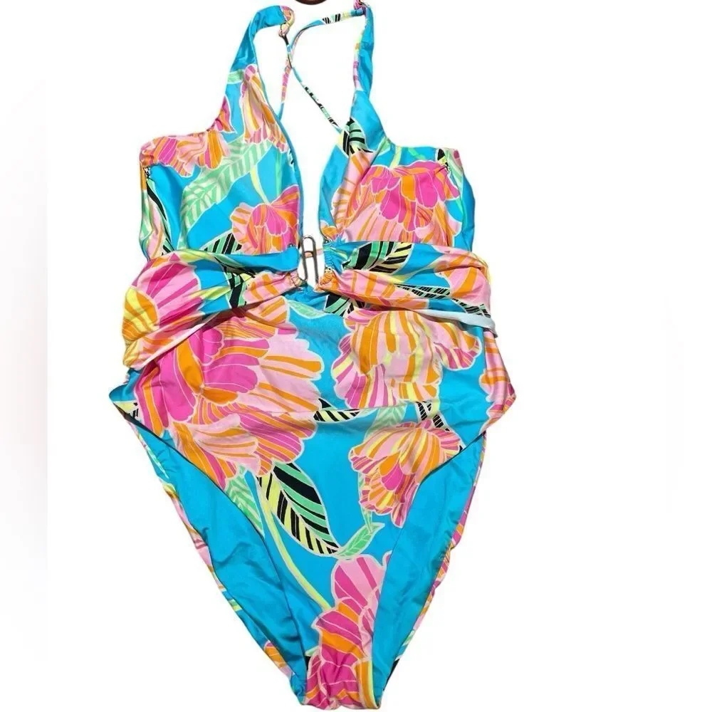Trina Turk Poppy Belted Plunge One Piece Swimsuit Size‎ 12